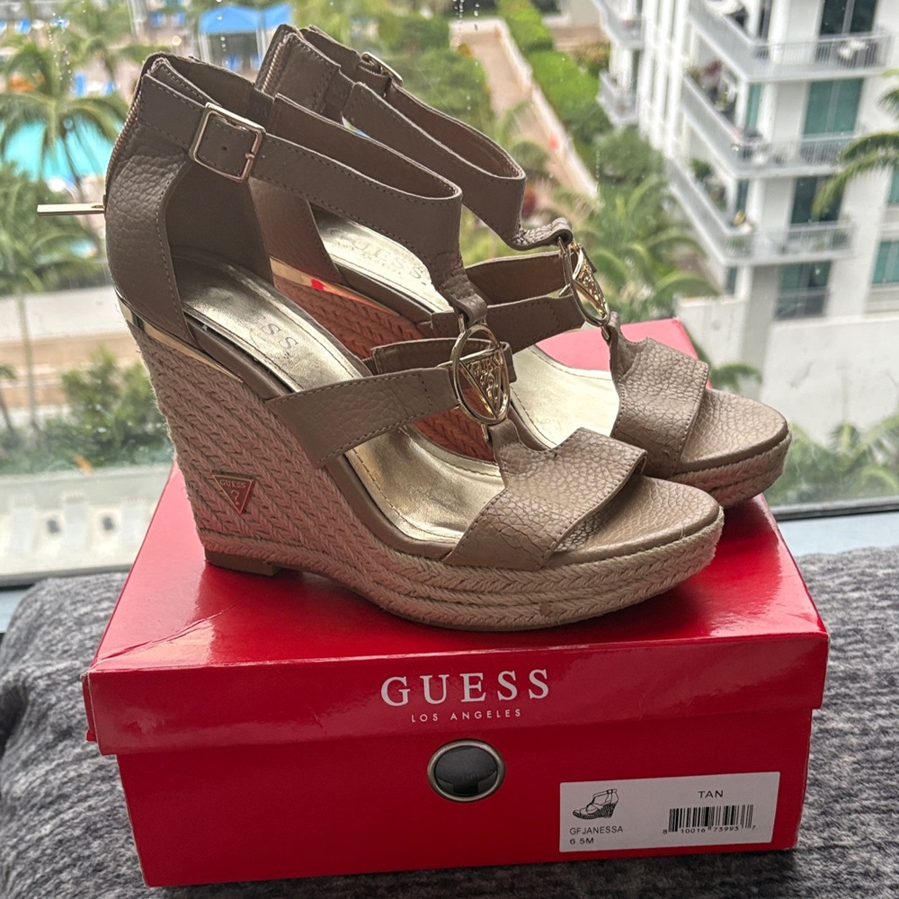 Guess Tan Wedge Sandals with Gold Logo Accent